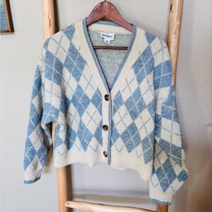 For The Republic Argyle Cardigan Women XL Blue Ivory Cropped Knit Sweater